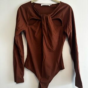 Astr Brown Long-Sleeve Cutout Tie-Front Bodysuit